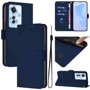 For OPPO Reno11 F 5G Global Skin Feel Solid Color Leather Phone Case with Lanyard(Navy Blue)
