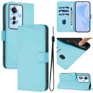 For OPPO Reno11 F 5G Global Skin Feel Solid Color Leather Phone Case with Lanyard(Sky Blue)