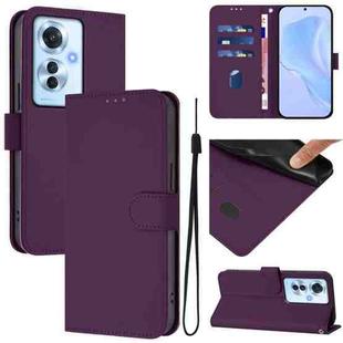For OPPO Reno11 F 5G Global Skin Feel Solid Color Leather Phone Case with Lanyard(Violet)