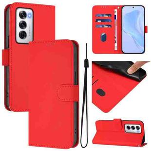 For OPPO Reno12 5G Global Skin Feel Solid Color Leather Phone Case with Lanyard(Red)