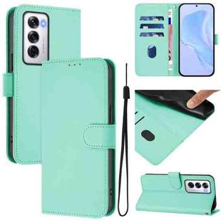 For OPPO Reno12 5G Global Skin Feel Solid Color Leather Phone Case with Lanyard(Mint Green)