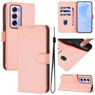 For OPPO Reno12 Pro 5G Global Skin Feel Solid Color Leather Phone Case with Lanyard(Pink)