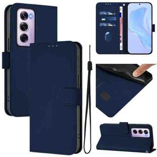 For OPPO Reno12 Pro 5G Global Skin Feel Solid Color Leather Phone Case with Lanyard(Navy Blue)