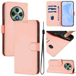 For OPPO Reno12 F Global Skin Feel Solid Color Leather Phone Case with Lanyard(Pink)