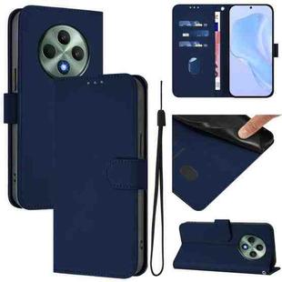 For OPPO Reno12 F Global Skin Feel Solid Color Leather Phone Case with Lanyard(Navy Blue)
