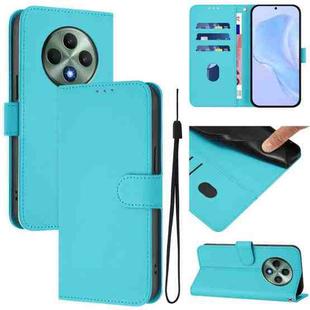 For OPPO Reno12 F Global Skin Feel Solid Color Leather Phone Case with Lanyard(Lake Blue)