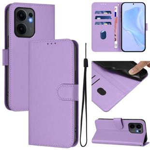 For OPPO Reno13 F 5G Global Skin Feel Solid Color Leather Phone Case with Lanyard(Lavender Purple)