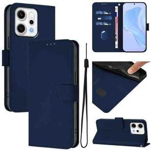 For OPPO Reno14 5G Global Skin Feel Solid Color Leather Phone Case with Lanyard(Navy Blue)