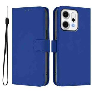 For OPPO Reno14 Pro 5G Global Skin Feel Solid Color Leather Phone Case with Lanyard(Dark Blue)