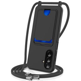 For Samsung Galaxy A26 5G Integrated Card Bag Solid Color Liquid Silicone Phone Case with Lanyard(Black)