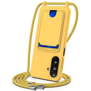 For Samsung Galaxy A26 5G Integrated Card Bag Solid Color Liquid Silicone Phone Case with Lanyard(Yellow)