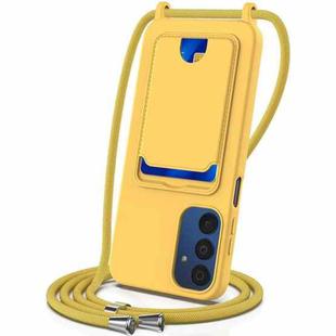 For Samsung Galaxy A54 5G Integrated Card Bag Solid Color Liquid Silicone Phone Case with Lanyard(Yellow)