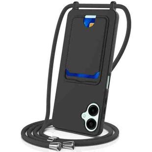 For Samsung Galaxy A06 5G Integrated Card Bag Solid Color Liquid Silicone Phone Case with Lanyard(Black)