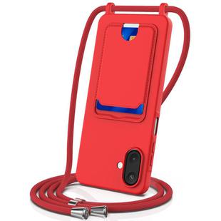 For Samsung Galaxy A07 5G Integrated Card Bag Solid Color Liquid Silicone Phone Case with Lanyard(Red)