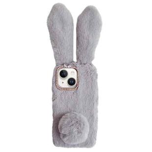 For iPhone 15 Plus Cute Plush Rabbit TPU Phone Case(Light Grey)