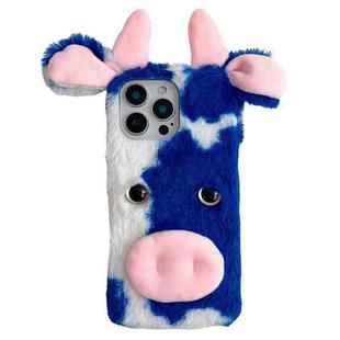 For iPhone 16 Pro Max Cute Plush Cow TPU Phone Case(Blue)