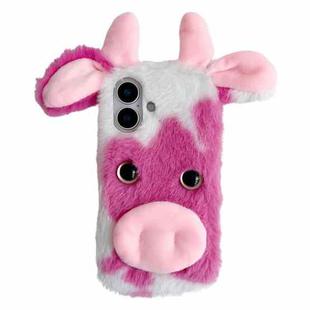 For iPhone 16 Plus Cute Plush Cow TPU Phone Case(Rose Red)