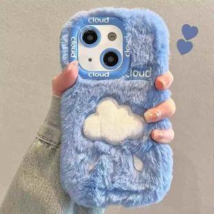 For iPhone 15 Plus Plush Embroidery Full Coverage Phone Case(Blue + White Cloud)