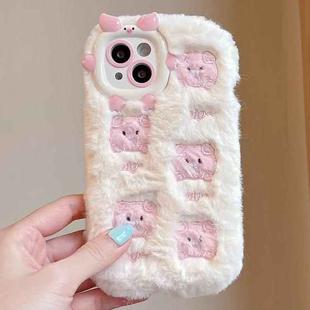 For iPhone 14 Plus Plush Embroidery Full Coverage Phone Case(White + Pink Pig)