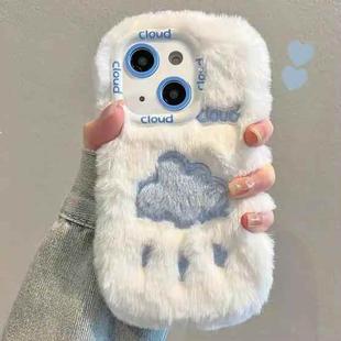 For iPhone 14 Plush Embroidery Full Coverage Phone Case(White + Blue Cloud)