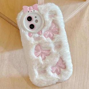 For iPhone 11 Plush Embroidery Full Coverage Phone Case(White + Pink Bow)
