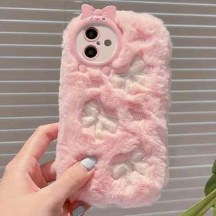 For iPhone 16 Plush Embroidery Full Coverage Phone Case(Pink + White Bow)