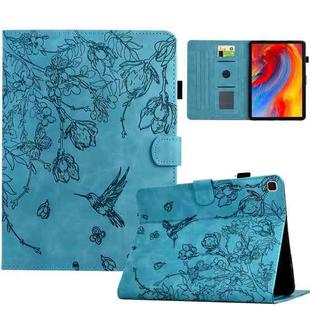 For Samsung Galaxy Tab S6 Lite P610 Flowers and Bird Embossed Smart Leather Tablet Case(Light Blue)