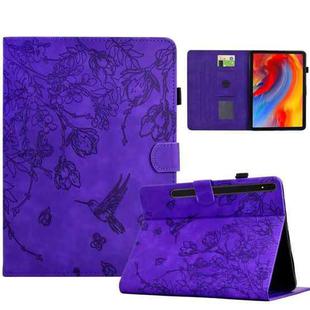 For Samsung Galaxy Tab S7 / S8 Flowers and Bird Embossed Smart Leather Tablet Case(Purple)