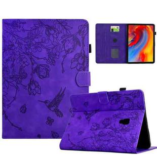 For Samsung Galaxy Tab A 10.5 T590 Flowers and Bird Embossed Smart Leather Tablet Case(Purple)