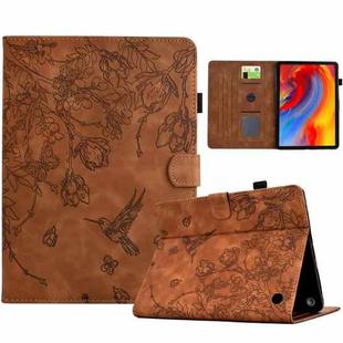 For Amazon Fire HD 8 2022/2020 Flowers and Bird Embossed Smart Leather Tablet Case(Brown)