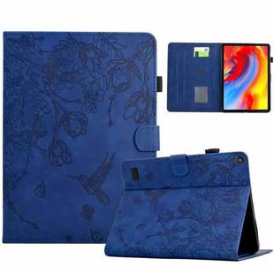 For Amazon Fire 7 2019/2017/2015 Flowers and Bird Embossed Smart Leather Tablet Case(Dark Blue)