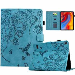 For Amazon Fire 7 2019/2017/2015 Flowers and Bird Embossed Smart Leather Tablet Case(Light Blue)