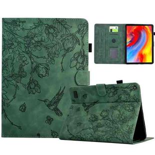 For Amazon Fire 7 2019/2017/2015 Flowers and Bird Embossed Smart Leather Tablet Case(Green)