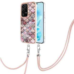 For Honor 200 Lite Global Electroplating Pattern IMD TPU Shockproof Case with Neck Lanyard(Pink Scales)