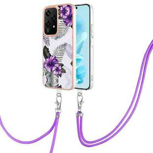 For Honor 200 Lite Global Electroplating Pattern IMD TPU Shockproof Case with Neck Lanyard(Purple Flower)