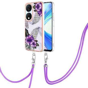 For Honor X7b 4G / 5G Electroplating Pattern IMD TPU Shockproof Case with Neck Lanyard(Purple Flower)