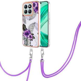 For Honor X8b Electroplating Pattern IMD TPU Shockproof Case with Neck Lanyard(Purple Flower)