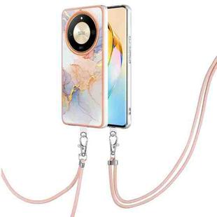 For Honor X9b Electroplating Pattern IMD TPU Shockproof Case with Neck Lanyard(Milky Way White Marble)