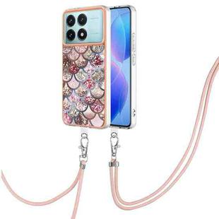 For Xiaomi Poco F6 Pro 5G Electroplating Pattern IMD TPU Shockproof Case with Neck Lanyard(Pink Scales)