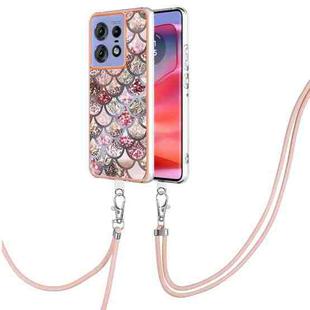 For Motorola Edge 50 Pro Electroplating Pattern IMD TPU Shockproof Case with Neck Lanyard(Pink Scales)