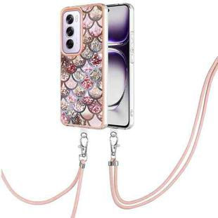 For OPPO Reno12 Pro Global Electroplating Pattern IMD TPU Shockproof Case with Neck Lanyard(Pink Scales)