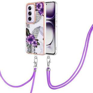 For OPPO Reno12 Pro Global Electroplating Pattern IMD TPU Shockproof Case with Neck Lanyard(Purple Flower)