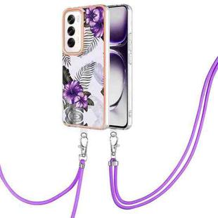 For OPPO Reno12 Global Electroplating Pattern IMD TPU Shockproof Case with Neck Lanyard(Purple Flower)