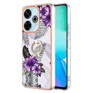 For Redmi 13 4G Electroplating Pattern IMD TPU Shockproof Case with Rhinestone Ring Holder(Purple Flower)