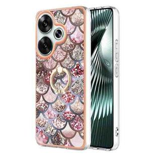 For Xiaomi Poco F6 5G Electroplating Pattern IMD TPU Shockproof Case with Rhinestone Ring Holder(Pink Scales)