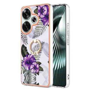 For Xiaomi Poco F6 5G Electroplating Pattern IMD TPU Shockproof Case with Rhinestone Ring Holder(Purple Flower)