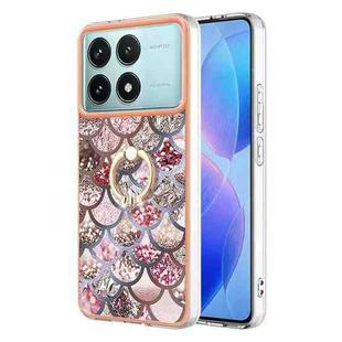 For Xiaomi Poco F6 Pro 5G Electroplating Pattern IMD TPU Shockproof Case with Rhinestone Ring Holder(Pink Scales)