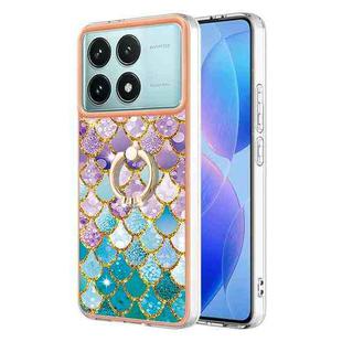 For Xiaomi Poco F6 Pro 5G Electroplating Pattern IMD TPU Shockproof Case with Rhinestone Ring Holder(Colorful Scales)