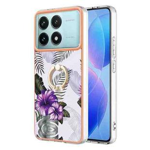 For Xiaomi Poco F6 Pro 5G Electroplating Pattern IMD TPU Shockproof Case with Rhinestone Ring Holder(Purple Flower)