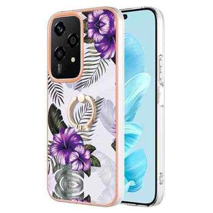 For Honor 200 Lite Global Electroplating Pattern IMD TPU Shockproof Case with Rhinestone Ring Holder(Purple Flower)